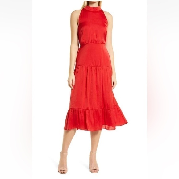 SAM Edelman High Neck Tiered Satin Red Dress MSRP $138 Size 2 # 1A 1663 NWT - Picture 1 of 16